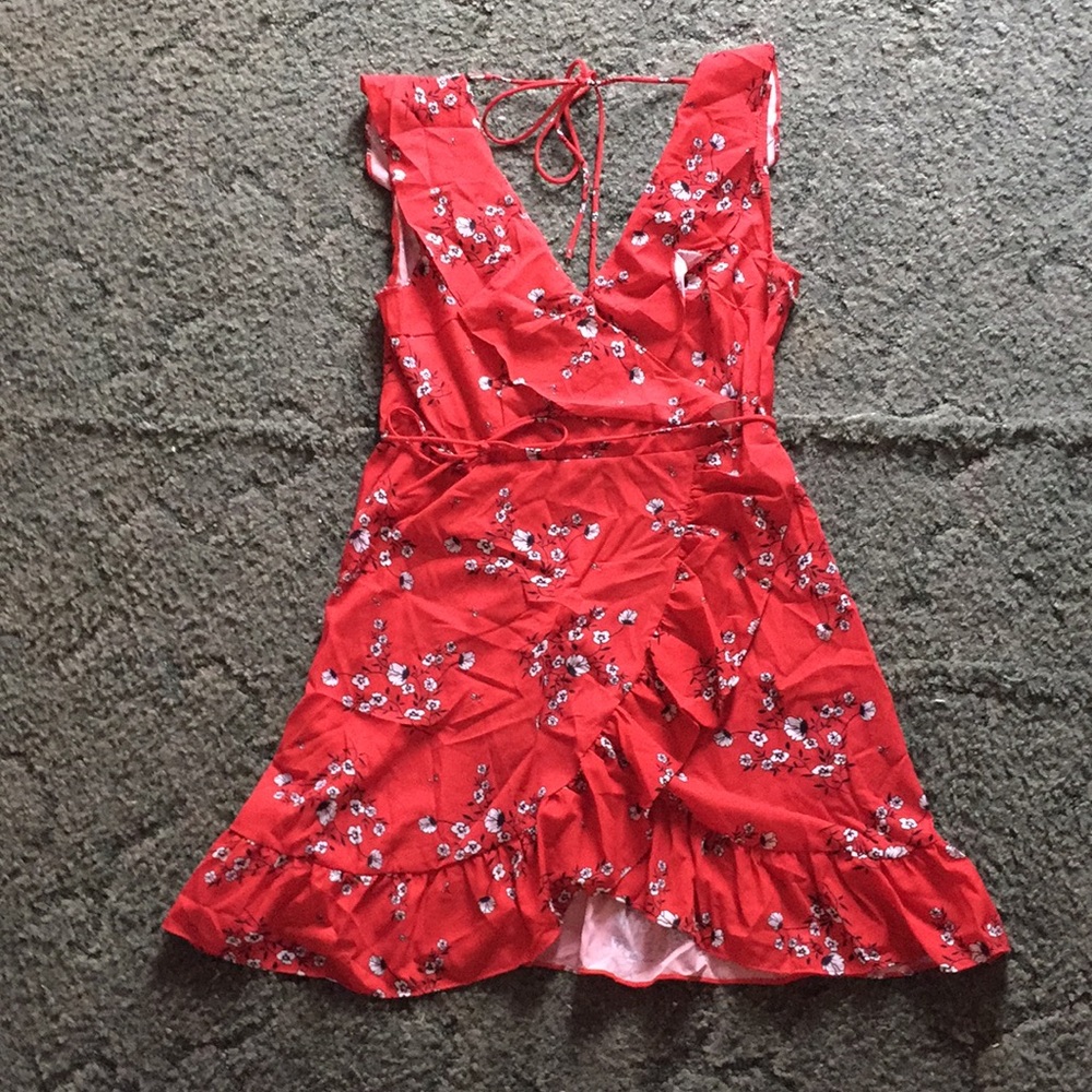 Red ruffle faux wrap dresse